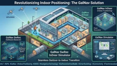 GalNav Indoor Positioning System Diagram showing GNSS satellite signal continuity from outdoor to indoor spaces.