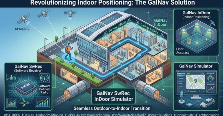 GalNav Indoor Positioning System Diagram showing GNSS satellite signal continuity from outdoor to indoor spaces.