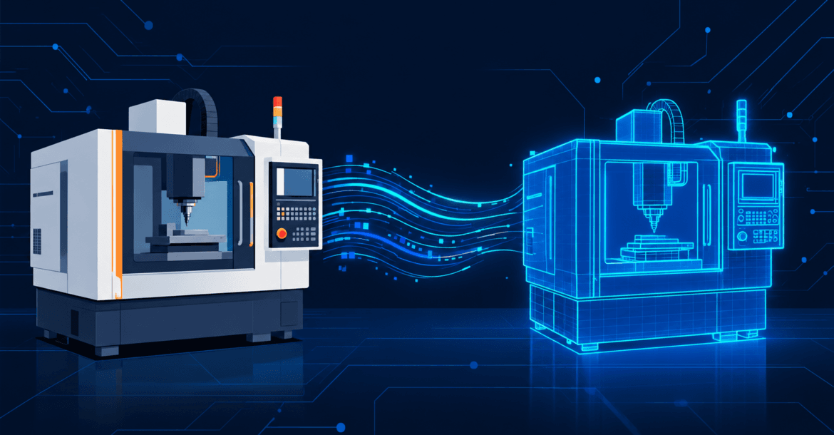 Digital twin illustration showing a physical machine connected to its virtual data model