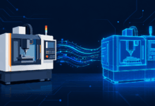 Digital twin illustration showing a physical machine connected to its virtual data model