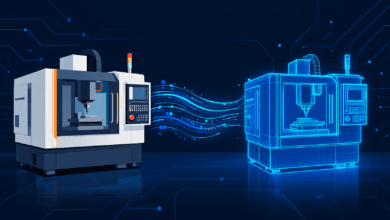 Digital twin illustration showing a physical machine connected to its virtual data model