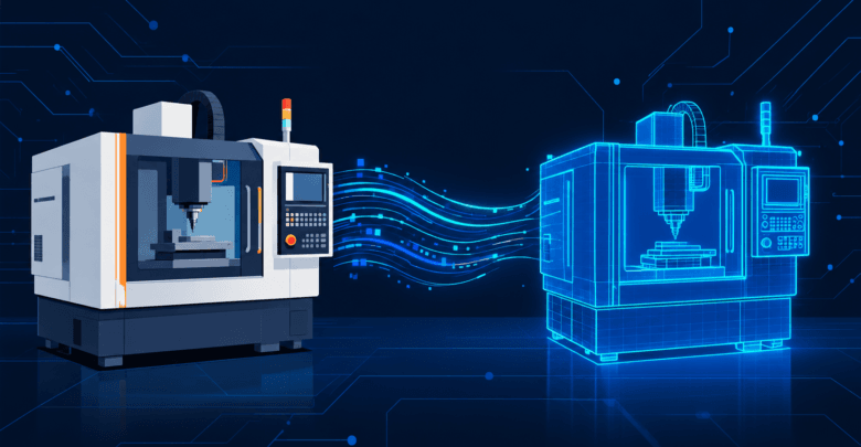 Digital twin illustration showing a physical machine connected to its virtual data model