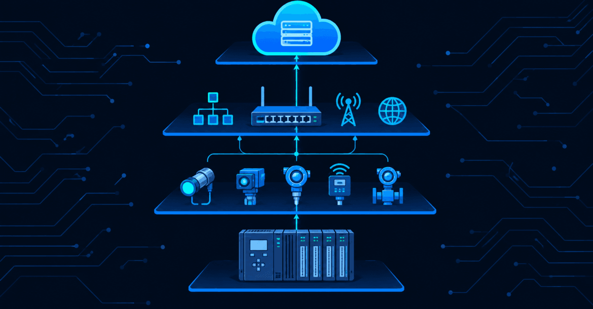 Industrial automation ecosystem diagram showing PLC, SCADA, and sensor layers