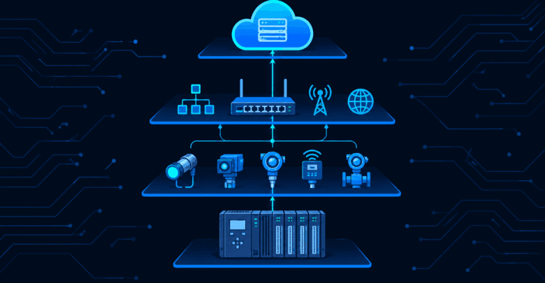 Industrial automation ecosystem diagram showing PLC, SCADA, and sensor layers