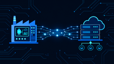 OT vs IT divide illustration showing factory control systems bridging to IT network