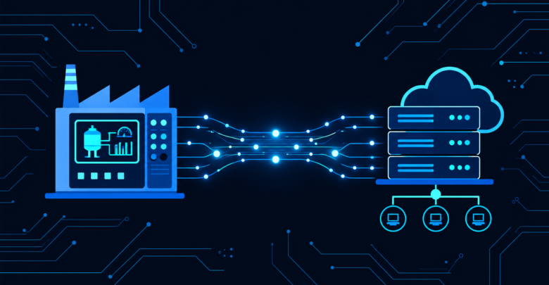OT vs IT divide illustration showing factory control systems bridging to IT network