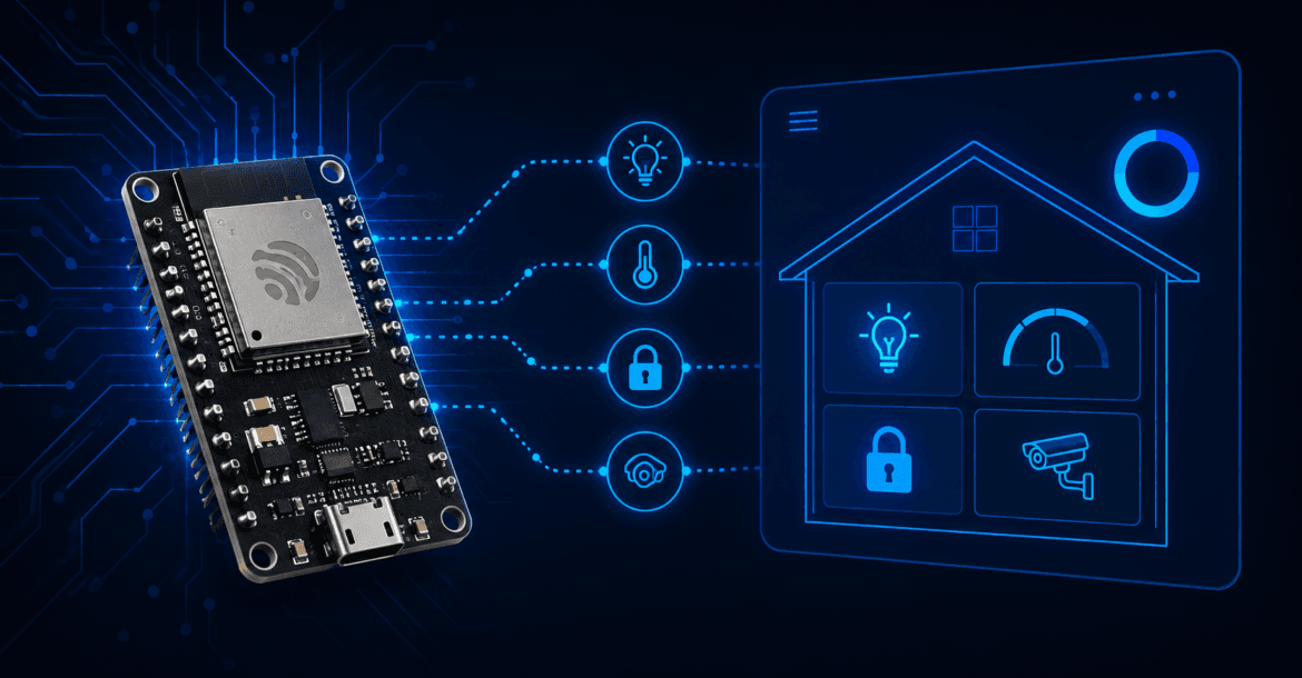 ESP32 board connected to Home Assistant smart home dashboard