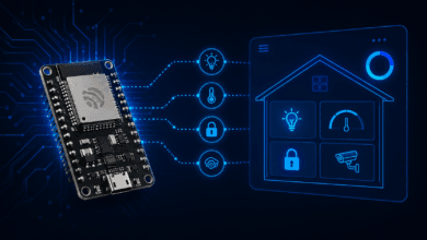 ESP32 board connected to Home Assistant smart home dashboard