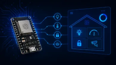 ESP32 board connected to Home Assistant smart home dashboard