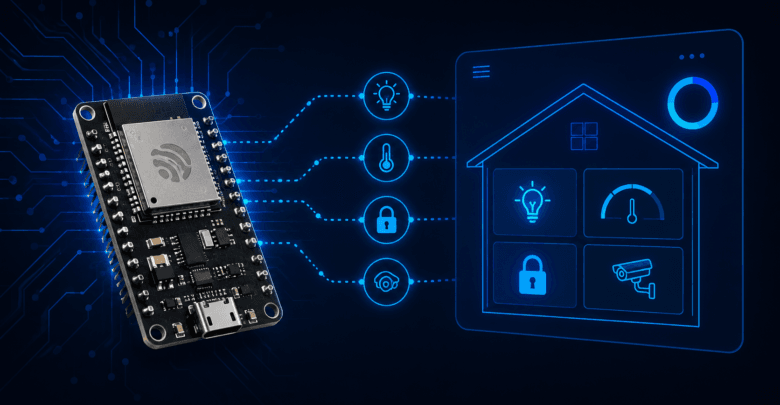 ESP32 board connected to Home Assistant smart home dashboard