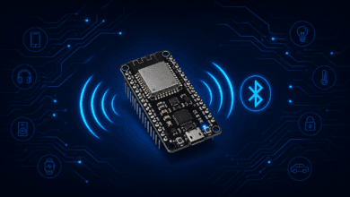ESP32 board with Bluetooth Low Energy signal illustration for BLE tutorial