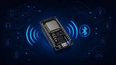 ESP32 board with Bluetooth Low Energy signal illustration for BLE tutorial