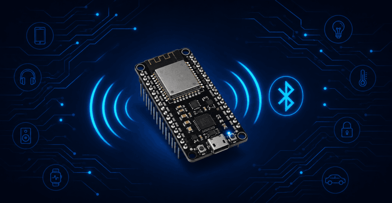 ESP32 board with Bluetooth Low Energy signal illustration for BLE tutorial