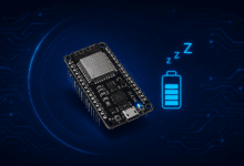 ESP32 board in deep sleep mode with battery icon illustrating low power consumption