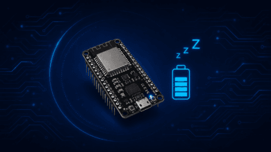 ESP32 board in deep sleep mode with battery icon illustrating low power consumption