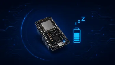 ESP32 board in deep sleep mode with battery icon illustrating low power consumption