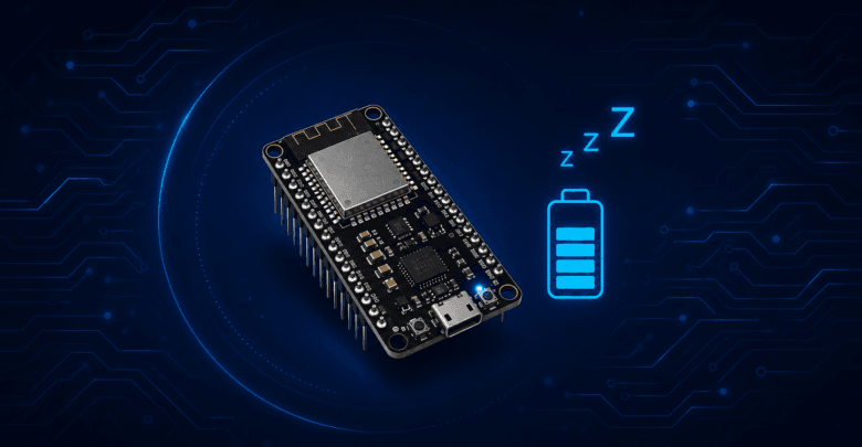 ESP32 board in deep sleep mode with battery icon illustrating low power consumption