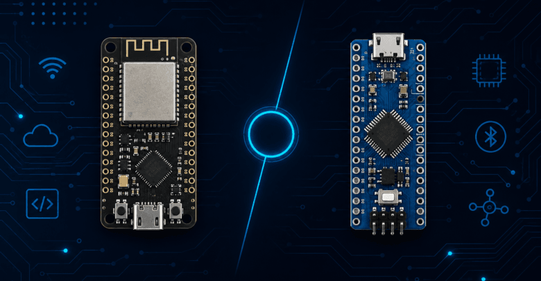 Side-by-side comparison of ESP32 and ESP8266 development boards