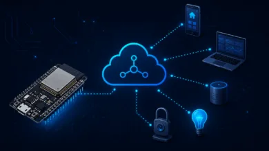 ESP32 board connected to an MQTT broker illustrating publish and subscribe communication