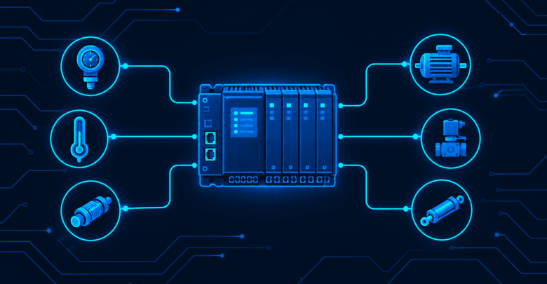 Modbus protocol illustration showing PLC communicating with field devices