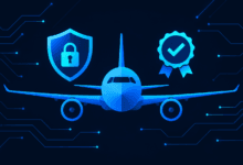 Aircraft with security shield and certification checklist icons illustrating aviation IoT challenges