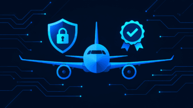 Aircraft with security shield and certification checklist icons illustrating aviation IoT challenges