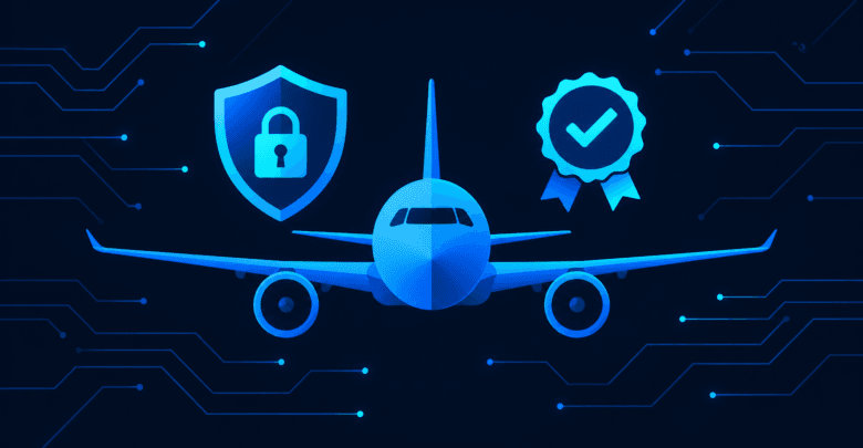 Aircraft with security shield and certification checklist icons illustrating aviation IoT challenges