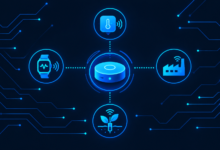 IoT startup ecosystem illustration showing sensors and connected devices across industries