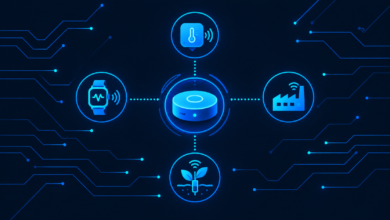 IoT startup ecosystem illustration showing sensors and connected devices across industries