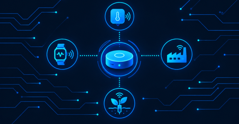 IoT startup ecosystem illustration showing sensors and connected devices across industries