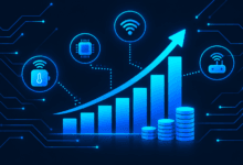 IoT startup funding chart illustration with growth arrows and investment icons