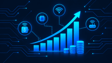 IoT startup funding chart illustration with growth arrows and investment icons