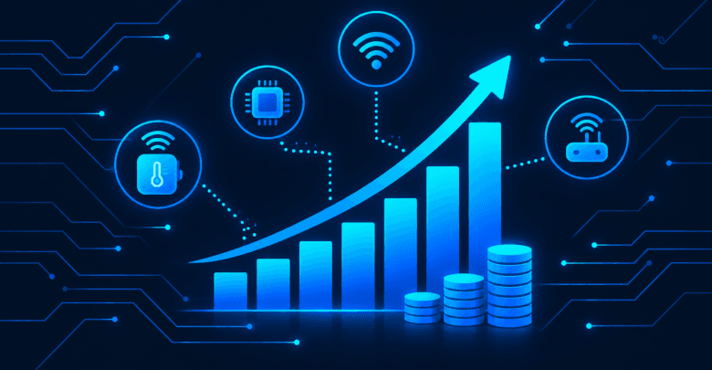 IoT startup funding chart illustration with growth arrows and investment icons