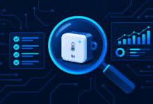 Investor reviewing IoT startup metrics and hardware components illustration