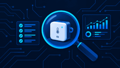 Investor reviewing IoT startup metrics and hardware components illustration
