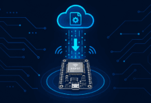 ESP32 board receiving a wireless firmware update illustrating OTA update process