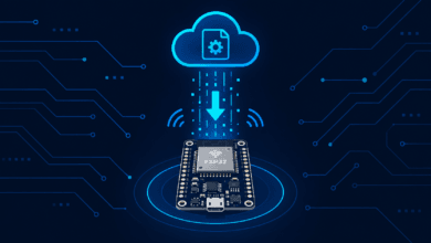 ESP32 board receiving a wireless firmware update illustrating OTA update process