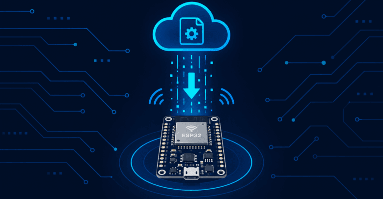 ESP32 board receiving a wireless firmware update illustrating OTA update process