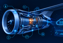 Aircraft engine with IoT sensor overlay illustrating predictive maintenance monitoring