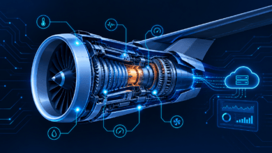 Aircraft engine with IoT sensor overlay illustrating predictive maintenance monitoring