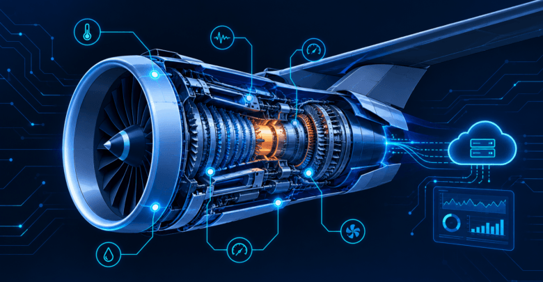 Aircraft engine with IoT sensor overlay illustrating predictive maintenance monitoring