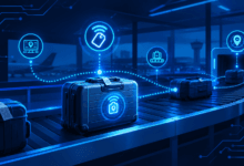 Airline luggage with RFID tag and IoT tracking signal illustrating baggage tracking system