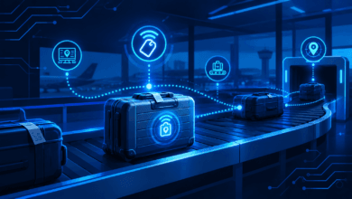 Airline luggage with RFID tag and IoT tracking signal illustrating baggage tracking system