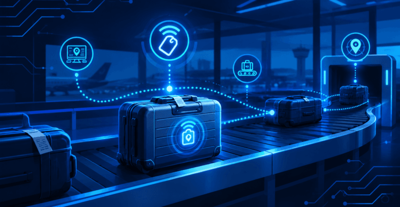 Airline luggage with RFID tag and IoT tracking signal illustrating baggage tracking system
