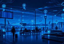 Airport terminal with IoT sensor network overlay illustrating smart terminal technology