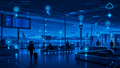 Airport terminal with IoT sensor network overlay illustrating smart terminal technology