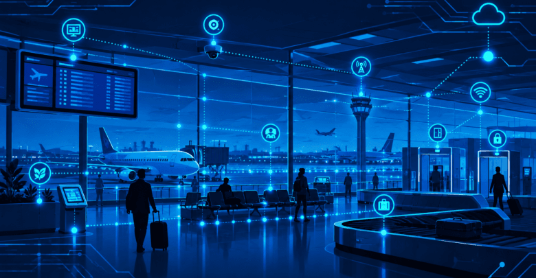 Airport terminal with IoT sensor network overlay illustrating smart terminal technology