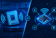 RFID tag and IoT sensor comparison illustration for aviation asset tracking