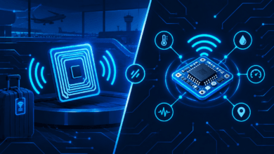 RFID tag and IoT sensor comparison illustration for aviation asset tracking