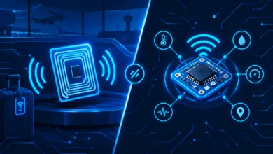 RFID tag and IoT sensor comparison illustration for aviation asset tracking